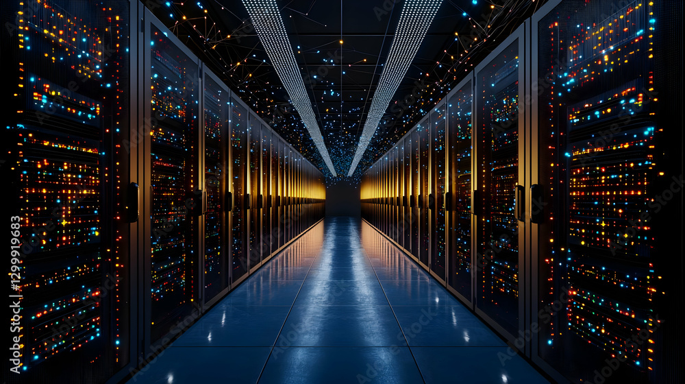 Poster server room corridor with illuminated server racks in a modern data center