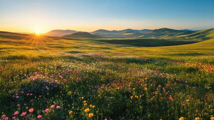 A wide-angle view of a field covered with patches of colorful wildflowers, the sunlight creating highlights on the flowers, with the distant hills fading into the horizon under the expansive,
