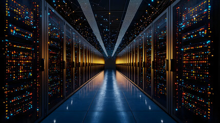 Fototapeta premium Server Room Corridor with Illuminated Server Racks in a Modern Data Center