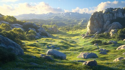 A large field of lush, green grass dotted with large rocks and boulders, sunlight pouring over the scene, illuminating every detail, and the sky above offering a perfect contrast with its clear,