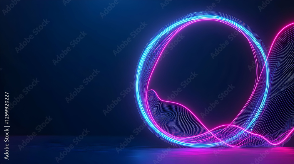 Poster abstract blue and pink glowing digital circle loop with wave like motion on dark background