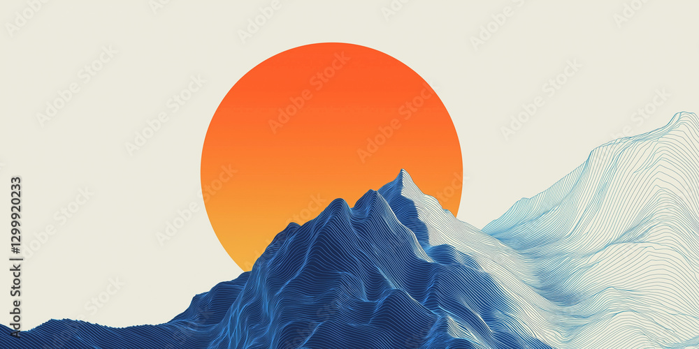 Poster digital artwork features stylized mountain range with flowing lines against large, vibrant orange su