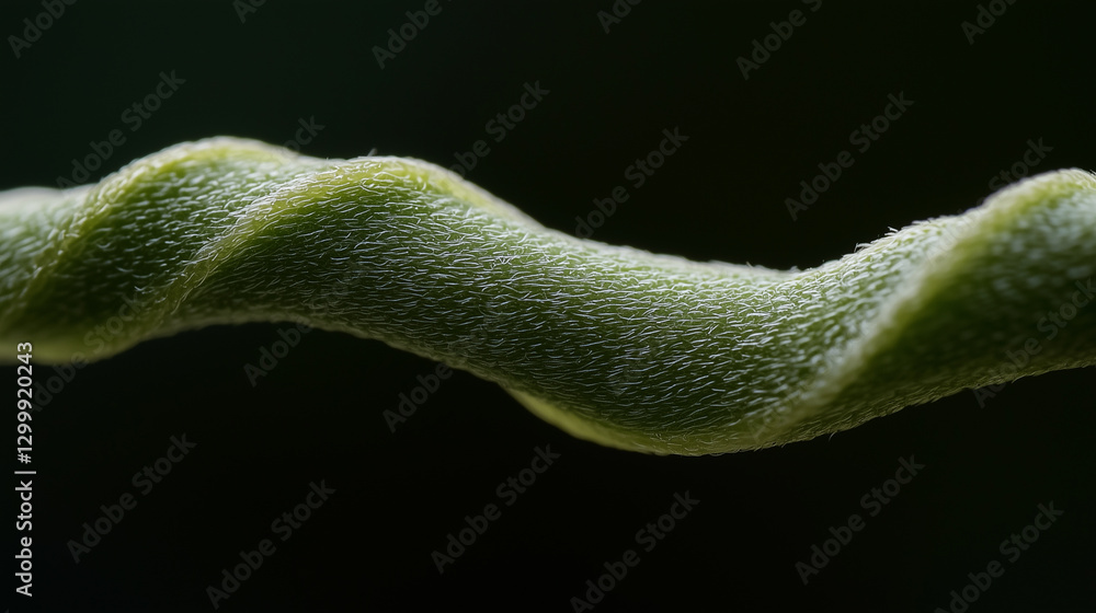 Poster close up macro shot of green vine tendril with coiled texture against dark background