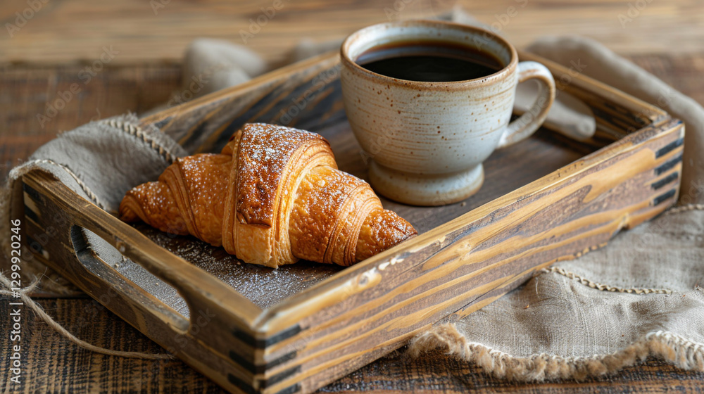 Poster a rustic wooden serving tray with a ceramic cup of coffee and a croissant placed neatly on one side,