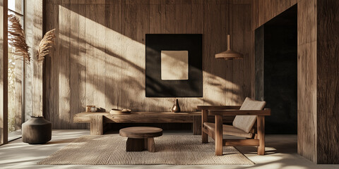 rustic living room with wooden furniture, large abstract painting, and natural light creating warm atmosphere. space features wooden bench, armchair, and round coffee table on textured rug