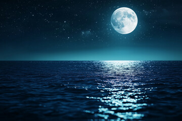 full moon illuminates night sky, casting shimmering reflections on calm ocean water, creating serene and tranquil atmosphere