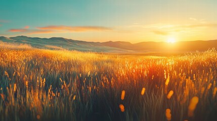 A wide field of tall, bending grasses that reflect the late afternoon sunlight, with the sun casting golden highlights and long shadows across the terrain, and the sky above transitioning into soft,