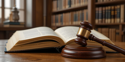 Legal books and a gavel placed on a lawyer's desk