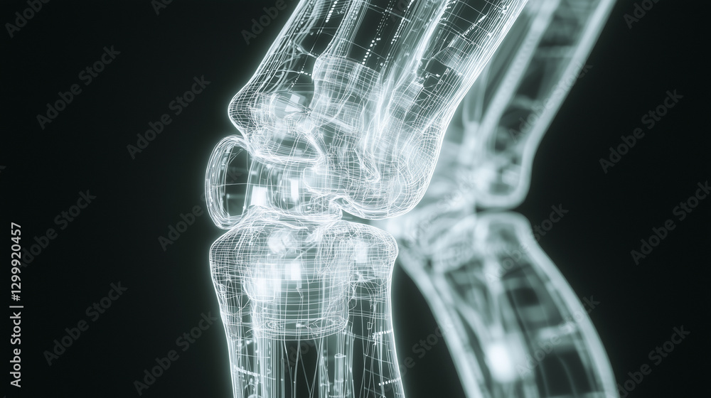 Poster transparent artificial joint with glowing internal mechanisms is depicted in this digital illustrati