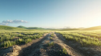 A wide, open field with a soft dirt trail running through it, the ground uneven with patches of grass, and the sunlight highlighting the texture of the soil as the clear blue sky above enhances the