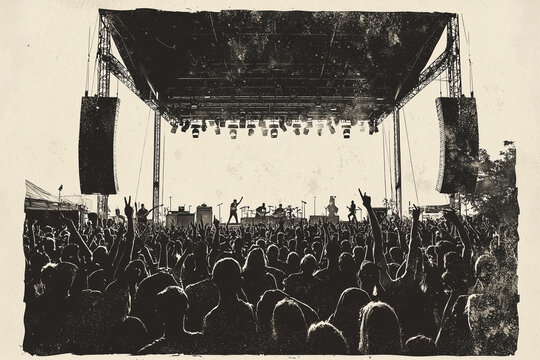 vintage concert poster features classic stage with sepia tone, capturing energetic crowd and silhouetted performers