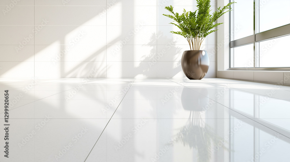 Poster bright minimal room with skylight and smooth textures features potted plant casting shadows on gloss