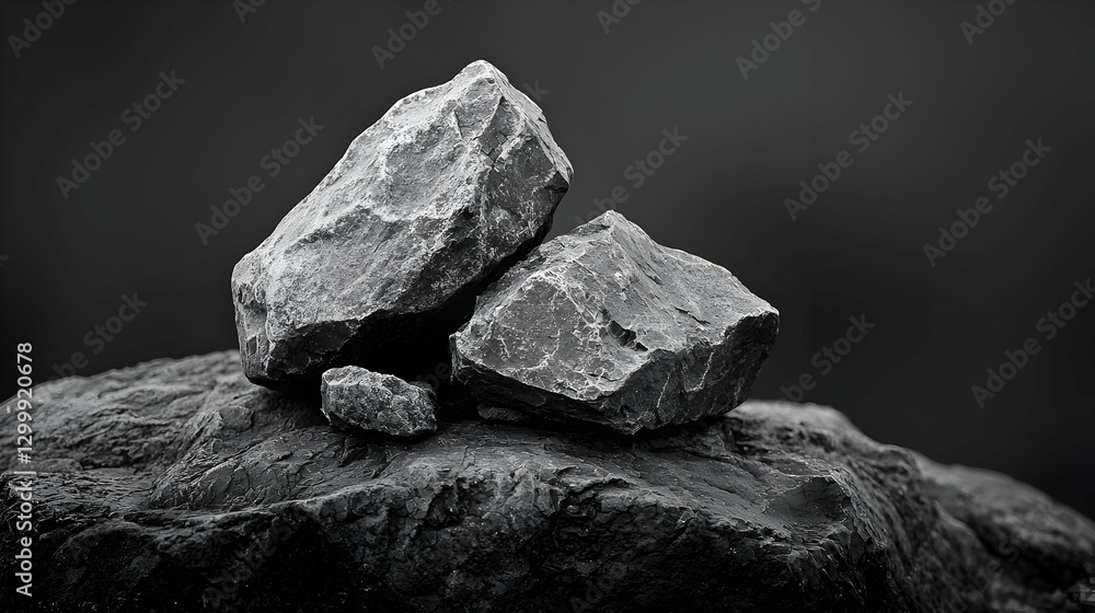 Poster two gray rocks with textured surfaces on a larger rock in front of a dark background