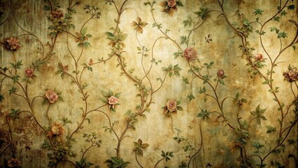 Naklejka premium Distressed Floral Flock Wallpaper with Creeping Vines and Old World Charm, vintage floral wallpaper, spooky decor