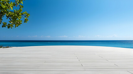 Fototapeta premium Bright Blue Ocean View With White Wooden Boardwalk on Sunny Day