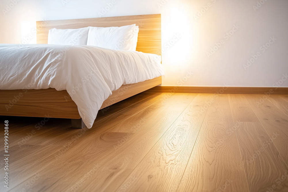 Poster minimal bedroom with single bed features soft lighting and wooden flooring, creating serene and cozy