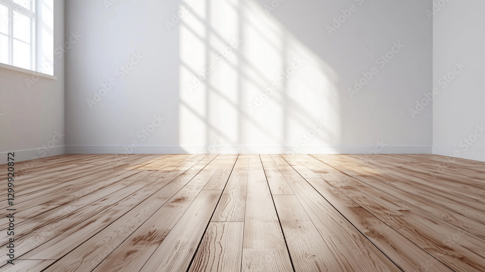 Aufkleber sunlit room with wooden flooring and white walls, featuring minimalist design. natural light creates
