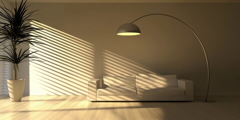 A modern living room with a minimalist design, featuring a curved lamp and a white sofa lit by sunlight.