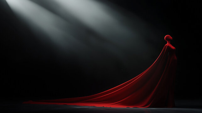 mysterious figure in high fashion red witch model with flowing cape stands dramatically under spotlight beams, creating striking silhouette against dark background