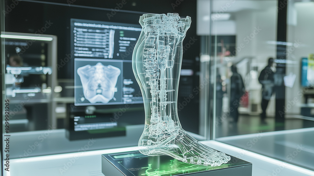 Aufkleber transparent artificial leg prototype with intricate mechanical design is displayed in futuristic laboratory setting, showcasing advanced technology and innovation