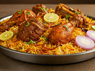 This image displays a plate of delicious and aromatic chicken biryani, featuring long-grain basmati rice infused with rich spices and tender, well-marinated chicken pieces. 