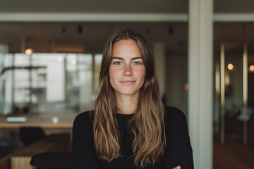 Fototapeta premium woman with long hair stands confidently in modern office space, exuding sense of calm and professionalism. background features minimalist design with soft lighting and glass partitions