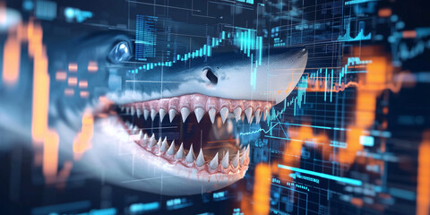 close up of shark teeth is overlaid with stock market graph, symbolizing aggressive market trends and financial volatility