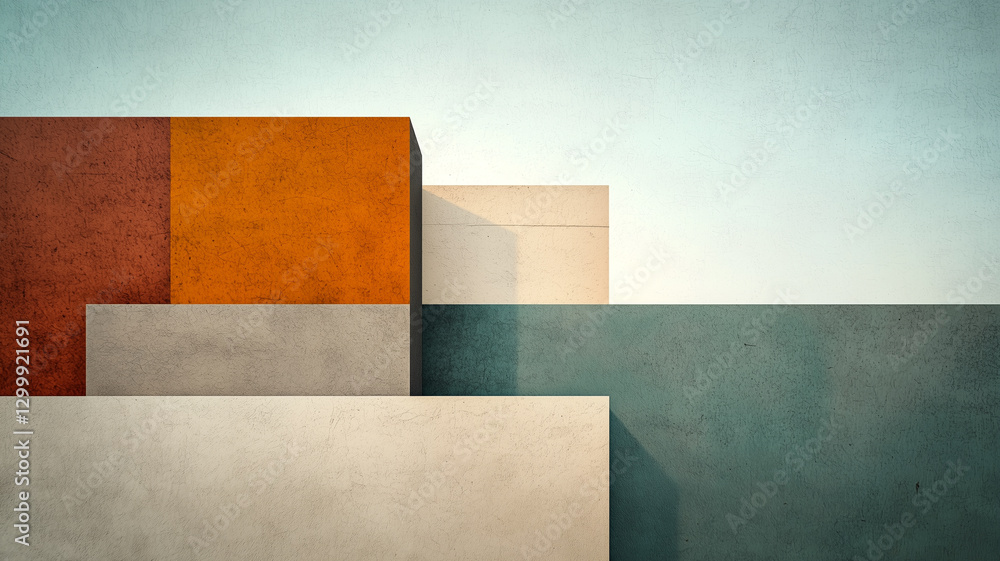 Poster Geometric abstract minimalism with muted colors, featuring overlapping rectangular shapes in earthy tones against textured background