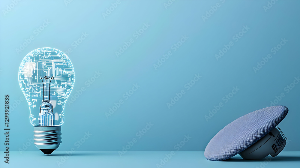 Poster illuminated lightbulb with circuit pattern and sliced complementary on light blue backdrop