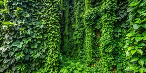 Dense jungle foliage covering the entire wall with lush green leaves and vines, overgrowth, trees,  overgrowth, trees, plant
