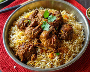This image displays a plate of delicious and aromatic chicken biryani, featuring long-grain basmati rice infused with rich spices and tender, well-marinated chicken pieces. 