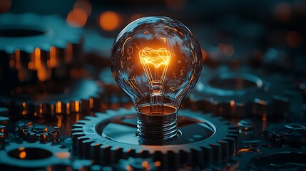 A symbolic visual of a lightbulb breaking free from a cage of gears, glowing bright with innovation, intricate details in the light reflections, warm, dramatic light casting shadows on the gears