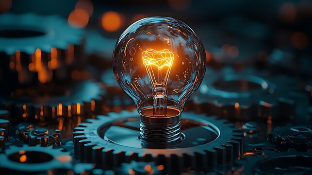 A symbolic visual of a lightbulb breaking free from a cage of gears, glowing bright with innovation, intricate details in the light reflections, warm, dramatic light casting shadows on the gears