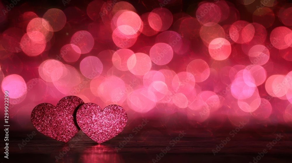 Poster two hearts on a table illuminated by soft pink lights in a romantic setting