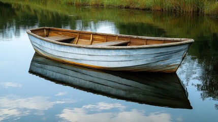 Obraz premium Serene Rowboat on Still Water: A Peaceful Lakeside Scene