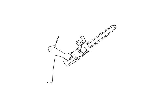 Self drawing animation of single line draw young woodworker holding big chainsaw to log tree for wood business or industry. Lumberjack cutting wood concept. Continuous line draw. Full length animated