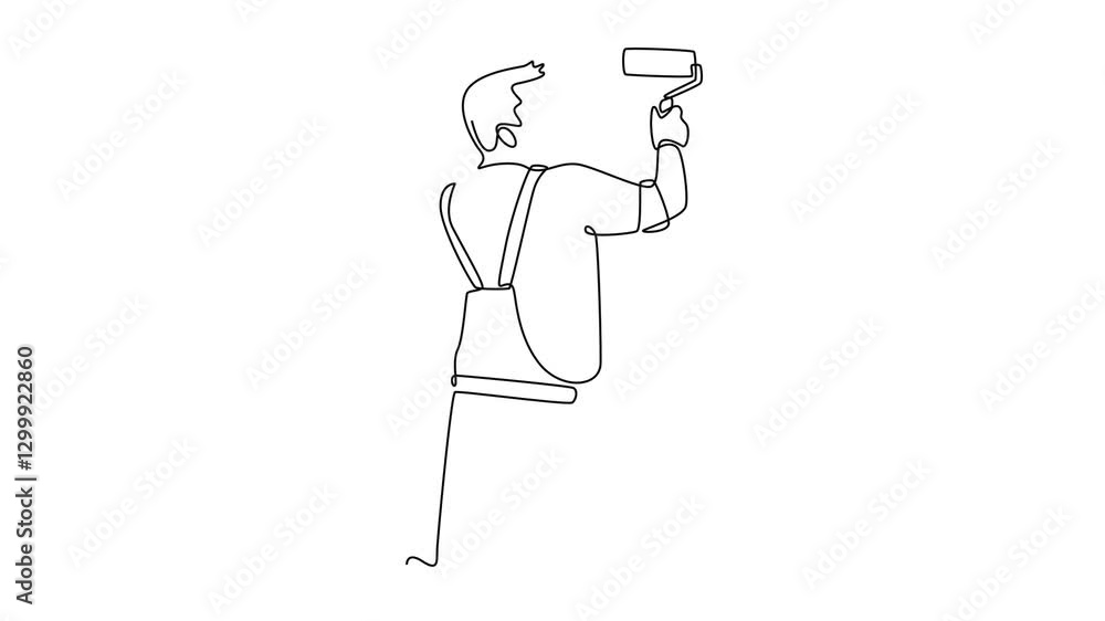 Poster animated self drawing of continuous line draw back view of handyman painting construction building w