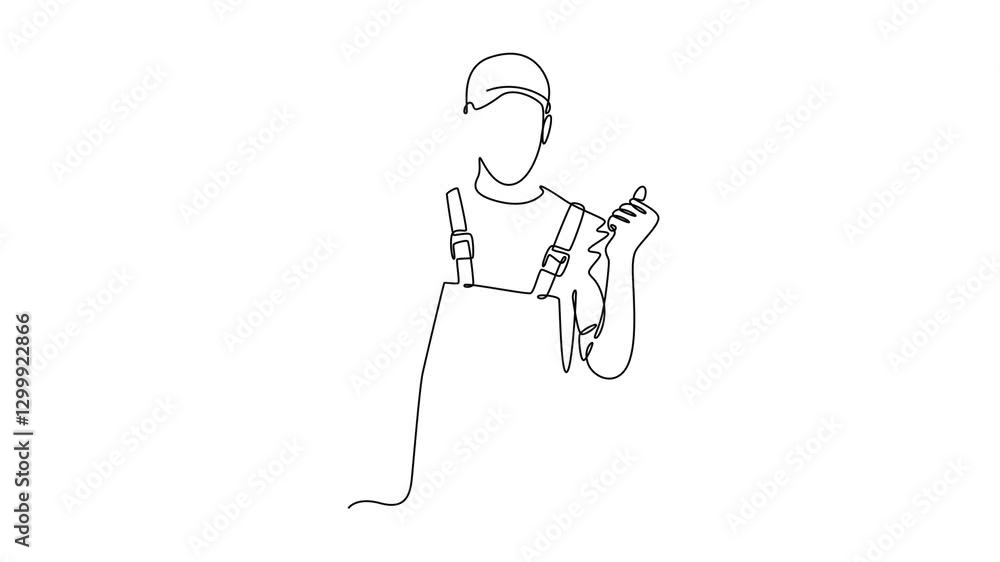 Poster animated self drawing of continuous line draw handyman wearing building construction uniform while h