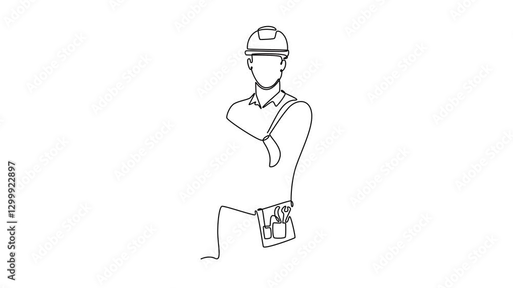 Poster animated self drawing of continuous line draw handyman wearing helmet and uniform holding drill mach