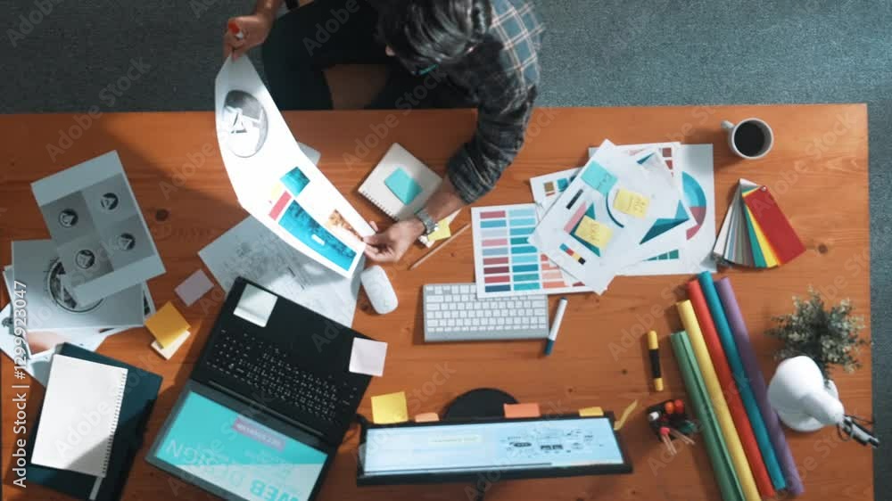 Poster top view of smart businessman hand choosing color palettes while designing logo graphic. aerial view