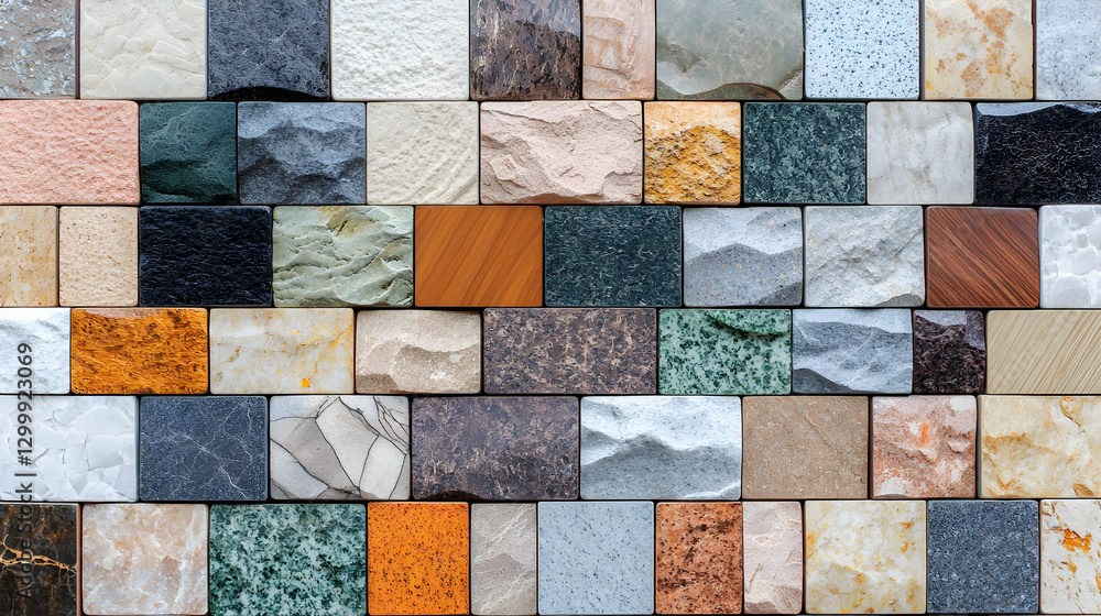 Poster collection of various textured stone tile samples in a grid display