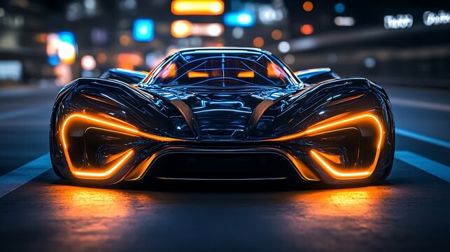 A sleek futuristic vehicle on a dynamic road with digital maps displayed in the background, lights glowing from beneath the surface, highly detailed aerodynamic shape, bright contrasting colors