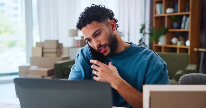 Man, talk and phone call with laptop for logistics management, planning and distribution services. Person, mobile and communication of ecommerce with stock quote, delivery invoice and startup chat
