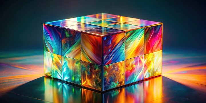 A vibrant abstract cube with a reflective surface and dispersion effect, displaying a kaleidoscope of colors, creating a mesmerizing visual experience , reflective surface, minimalist design