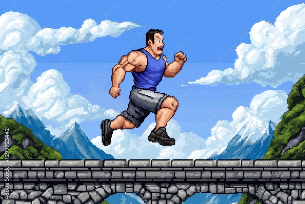 Aufkleber A pixel-art scene of a tiny character running away from a fast-moving avalanche in a retro 8-bit game style