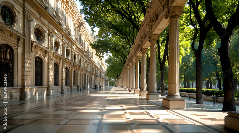 Poster elegant classical architecture with columns and path on a sunny day