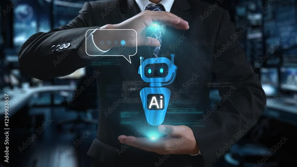 Poster human interact with ai artificial intelligence virtual assistant chatbot in concept of ai artificial