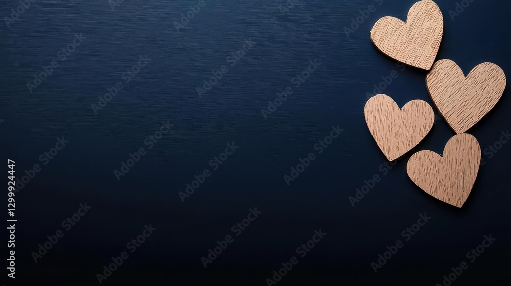 Poster Wooden hearts arranged on a dark background creating a textured and rustic appearance