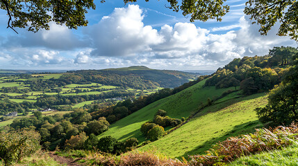 A beautiful view of a green hillside with a few trees and a few cows grazing. generated using AI