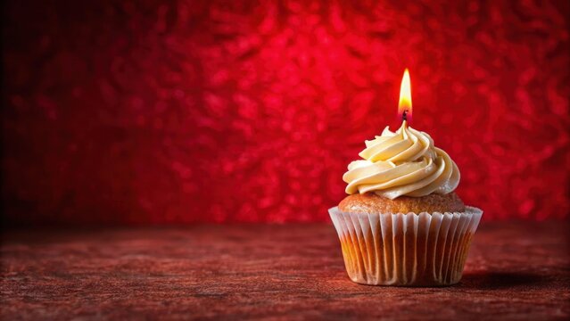 A freshly baked cupcake with a lit candle on a vibrant red velvet background , fresh, baking